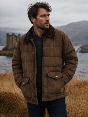 RAINFOREST‎ Chore Jacket Down Puffer Men's Large Brown Corduroy Collar Utility
